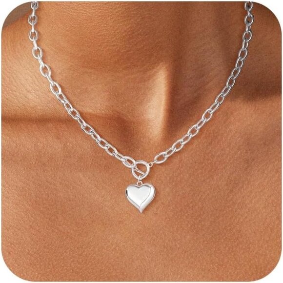 🆕 Women Silver Chunky Layered Chain Necklace Plated Herringbone Toggle Jewelry - Picture 1 of 7
